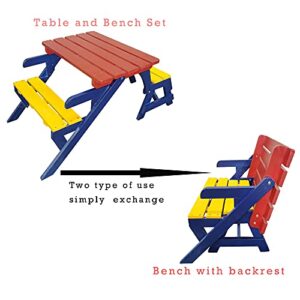 Antoy 2-in-1 Kid's Wooden Picnic TableBench Transforming Interchangeable for Outdoor,Garden, Backyard, Porch, Patio Bedroom, Living-Room, Game Room,Outdoor (Blue+Yellow+Red)