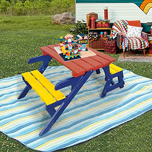 Antoy 2-in-1 Kid's Wooden Picnic TableBench Transforming Interchangeable for Outdoor,Garden, Backyard, Porch, Patio Bedroom, Living-Room, Game Room,Outdoor (Blue+Yellow+Red)