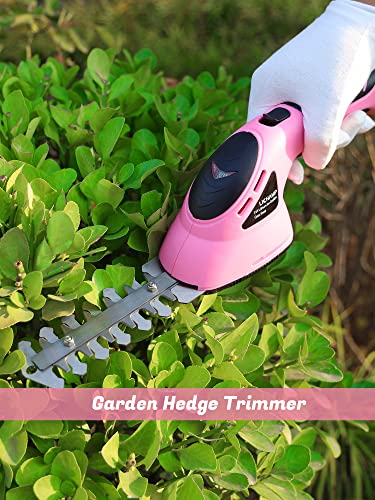 Lichamp 2-in-1 Electric Hand Held Grass Shear Pink Hedge Trimmer Shrubbery Clipper Cordless Battery Powered Rechargeable for Garden and Lawn, CGS3602PK Pink