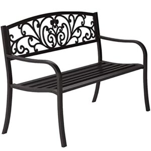 50″ patio park outdoor garden bench, sturdy metal cast iron patio park bench, front yard decor seat leisure chair outdoor porch furniture, reinforced steel, durable, patio chairs garden furniture