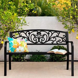 50" Patio Park Outdoor Garden Bench, Sturdy Metal Cast Iron Patio Park Bench, Front Yard Decor Seat Leisure Chair Outdoor Porch Furniture, Reinforced Steel, Durable, Patio Chairs Garden Furniture