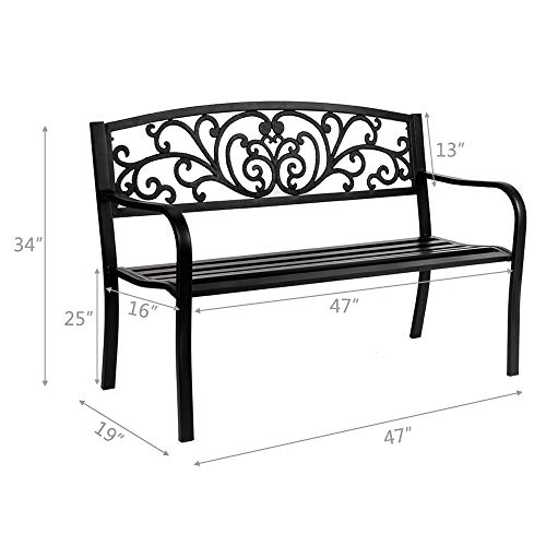 50" Patio Park Outdoor Garden Bench, Sturdy Metal Cast Iron Patio Park Bench, Front Yard Decor Seat Leisure Chair Outdoor Porch Furniture, Reinforced Steel, Durable, Patio Chairs Garden Furniture