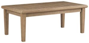 signature design by ashley gerianne outdoor rectangular eucalyptus wood slat top coffee table, beige