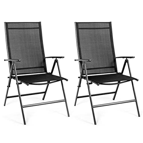 Tangkula Set of 2 Patio Foldable Dining Chairs, Outdoor Portable Camping Chairs with Armrest High Backrest, Folding Chairs for Porch, Poolside, Garden, Balcony, Backyard (Black)