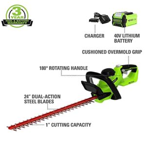 Greenworks 40V 24" Cordless Hedge Trimmer (1" Cutting Capacity), 2.0Ah USB Battery and Charger Included