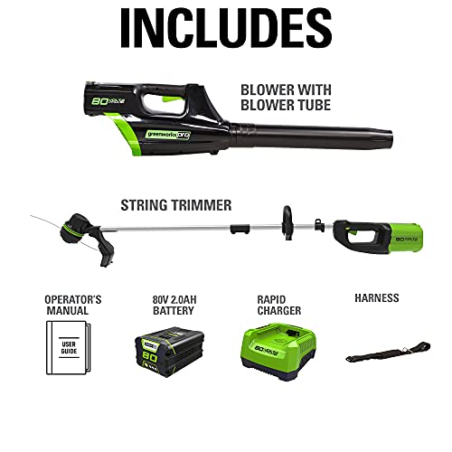 Greenworks Pro 80V Cordless Brushless String Trimmer + Leaf Blower Combo, 2Ah Battery and Charger Included STBA80L210