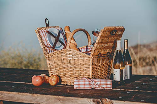 PICNIC TIME Piccadilly Picnic Basket - Romantic Picnic Basket for 2 with Picnic Set, (Red & White Plaid Pattern)