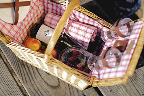 PICNIC TIME Piccadilly Picnic Basket - Romantic Picnic Basket for 2 with Picnic Set, (Red & White Plaid Pattern)