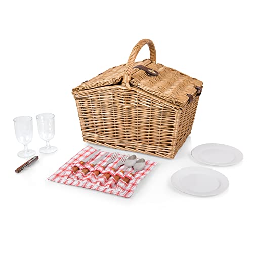 PICNIC TIME Piccadilly Picnic Basket - Romantic Picnic Basket for 2 with Picnic Set, (Red & White Plaid Pattern)