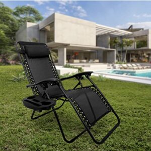 EasyGo Product Zero Gravity Lawn Lounge Pillow and Cup Holder Furniture Outdoor Adjustable Dining Reclining Folding Chairs for Deck Patio Beach Yard, 2 Pack Black