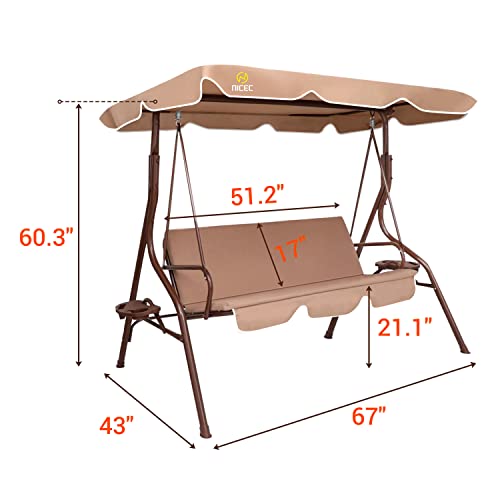 Nice C Patio Swing Chair, Porch Swings Bench, Canopy Glider, with Adjustable Tilt, Extra Thick Removable Cushion (Khaki)