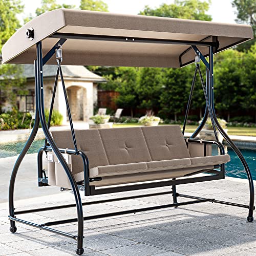 YITAHOME Outdoor Porch Swing, 3 Person Patio Swing Chair with Adjustable Canopy, Removable Cushion,Suitable for Garden, Poolside, Balcony,(Beige Grey)