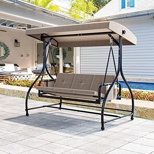 YITAHOME Outdoor Porch Swing, 3 Person Patio Swing Chair with Adjustable Canopy, Removable Cushion,Suitable for Garden, Poolside, Balcony,(Beige Grey)