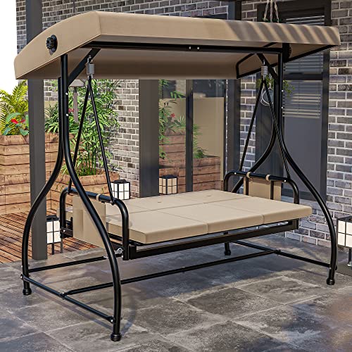YITAHOME Outdoor Porch Swing, 3 Person Patio Swing Chair with Adjustable Canopy, Removable Cushion,Suitable for Garden, Poolside, Balcony,(Beige Grey)