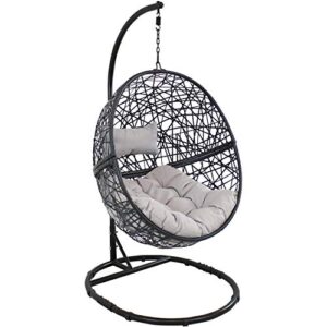 sunnydaze jackson hanging egg chair with steel stand set – all-weather construction – resin wicker porch chair – large basket design – outdoor lounging chair – includes gray cushions