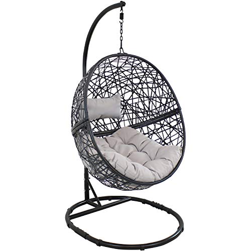 Sunnydaze Jackson Hanging Egg Chair with Steel Stand Set - All-Weather Construction - Resin Wicker Porch Chair - Large Basket Design - Outdoor Lounging Chair - Includes Gray Cushions