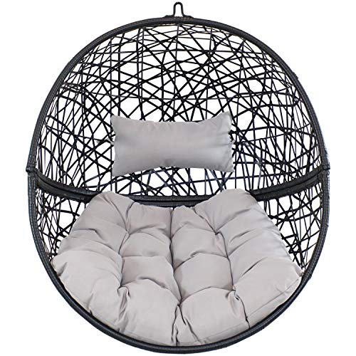 Sunnydaze Jackson Hanging Egg Chair with Steel Stand Set - All-Weather Construction - Resin Wicker Porch Chair - Large Basket Design - Outdoor Lounging Chair - Includes Gray Cushions