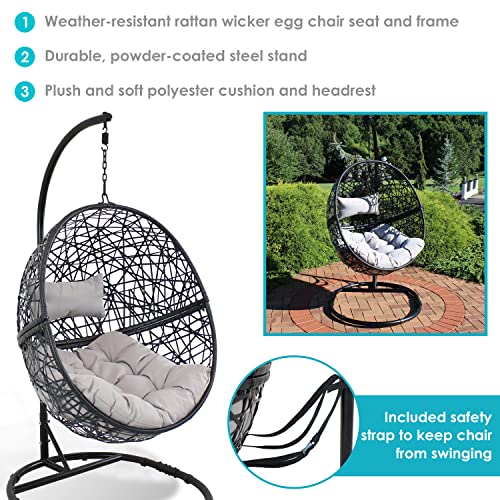 Sunnydaze Jackson Hanging Egg Chair with Steel Stand Set - All-Weather Construction - Resin Wicker Porch Chair - Large Basket Design - Outdoor Lounging Chair - Includes Gray Cushions