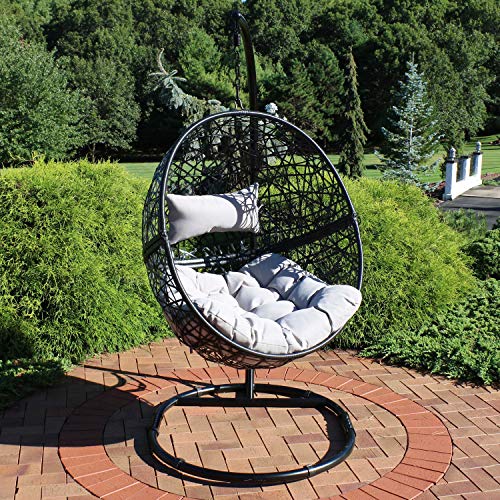 Sunnydaze Jackson Hanging Egg Chair with Steel Stand Set - All-Weather Construction - Resin Wicker Porch Chair - Large Basket Design - Outdoor Lounging Chair - Includes Gray Cushions