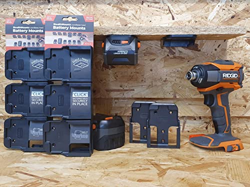 StealthMounts Ridgid Battery Holders 18v | Ridgid Battery Mounts for Ridgid 18v Power Tools | 6 Pack | Ridgid Battery Clip Organizers | Black
