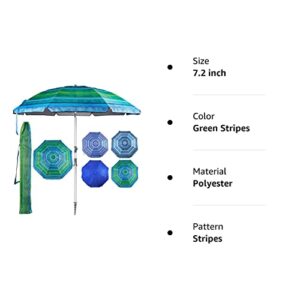 Ridota 7.2' Beach Umbrella with Sand Anchor, Outdoor Portable Beach Umbrella for Sand with Tilt Pole, Carry Bag, Air Vent, Green Stripes