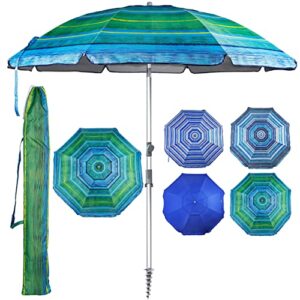 ridota 7.2′ beach umbrella with sand anchor, outdoor portable beach umbrella for sand with tilt pole, carry bag, air vent, green stripes
