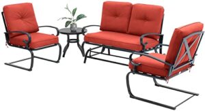 incbruce 4pcs outdoor metal furniture patio conversation sets (glider, bistro table, 2 spring lounge chairs) – wrought iron outdoor glider chairs sets (red)