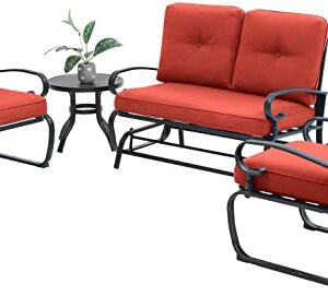 Incbruce 4Pcs Outdoor Metal Furniture Patio Conversation Sets (Glider, Bistro Table, 2 Spring Lounge Chairs) - Wrought Iron Outdoor Glider Chairs Sets (red)