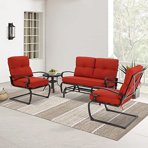 Incbruce 4Pcs Outdoor Metal Furniture Patio Conversation Sets (Glider, Bistro Table, 2 Spring Lounge Chairs) - Wrought Iron Outdoor Glider Chairs Sets (red)