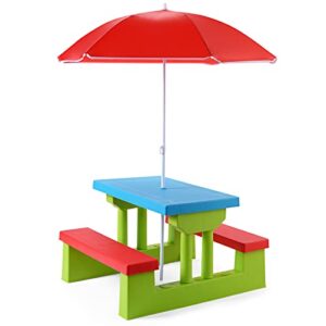 kotek kids picnic table set w/removable umbrella, outdoor party table and bench for tea time & study, brightly colored toddler activity table for home, kindergarten & nursery (red)