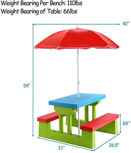 KOTEK Kids Picnic Table Set w/Removable Umbrella, Outdoor Party Table and Bench for Tea Time & Study, Brightly Colored Toddler Activity Table for Home, Kindergarten & Nursery (Red)