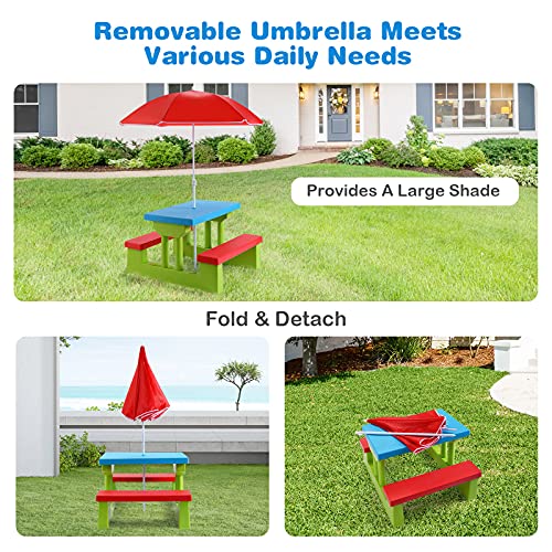 KOTEK Kids Picnic Table Set w/Removable Umbrella, Outdoor Party Table and Bench for Tea Time & Study, Brightly Colored Toddler Activity Table for Home, Kindergarten & Nursery (Red)
