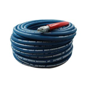 interchange brands 3/8” x 100ft 6000 psi high pressure washer hose blue non-marking, r2 2-wire braid, quick couplers, 275 max temp, assembled in usa