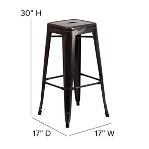 Merrick Lane Newark Series Black-Antique Gold 30" High Backless Metal Bar Height Stool with Square Seat for Indoor-Outdoor Use