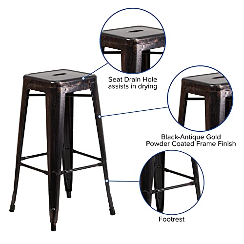 Merrick Lane Newark Series Black-Antique Gold 30" High Backless Metal Bar Height Stool with Square Seat for Indoor-Outdoor Use