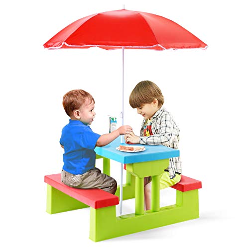 HONEY JOY Kids Picnic Table, Toddler Plastic Outdoor Table & Bench Set with Umbrella, Children Patio Furniture Set for Backyard Garden, Kids Picnic Tables for Outdoors, Gift for Boys Girls Age 3+