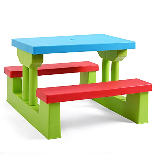 HONEY JOY Kids Picnic Table, Toddler Plastic Outdoor Table & Bench Set with Umbrella, Children Patio Furniture Set for Backyard Garden, Kids Picnic Tables for Outdoors, Gift for Boys Girls Age 3+