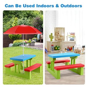 HONEY JOY Kids Picnic Table, Toddler Plastic Outdoor Table & Bench Set with Umbrella, Children Patio Furniture Set for Backyard Garden, Kids Picnic Tables for Outdoors, Gift for Boys Girls Age 3+