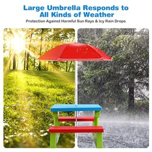 HONEY JOY Kids Picnic Table, Toddler Plastic Outdoor Table & Bench Set with Umbrella, Children Patio Furniture Set for Backyard Garden, Kids Picnic Tables for Outdoors, Gift for Boys Girls Age 3+