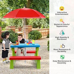 HONEY JOY Kids Picnic Table, Toddler Plastic Outdoor Table & Bench Set with Umbrella, Children Patio Furniture Set for Backyard Garden, Kids Picnic Tables for Outdoors, Gift for Boys Girls Age 3+