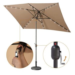 Aok Garden 6.5FT × 10FT Solar LED Lighted Patio Umbrella with Push Button Tilt and Sturdy Aluminum Ribs for Deck Lawn Pool & Backyard - Coffee