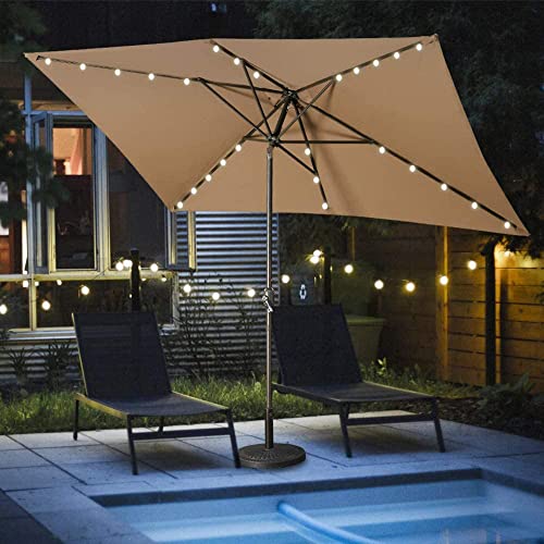 Aok Garden 6.5FT × 10FT Solar LED Lighted Patio Umbrella with Push Button Tilt and Sturdy Aluminum Ribs for Deck Lawn Pool & Backyard - Coffee