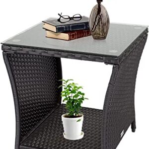 Kinfant Wicker Rattan Coffee Table - Square Tempered Glass Top Furniture with Storage for Outdoor Backyard Lawn Balcony Pool Patio (Black)