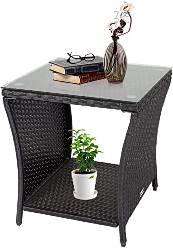 Kinfant Wicker Rattan Coffee Table - Square Tempered Glass Top Furniture with Storage for Outdoor Backyard Lawn Balcony Pool Patio (Black)