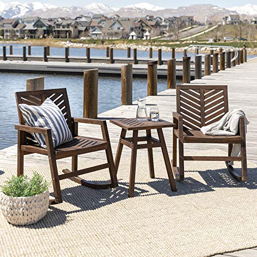 Walker Edison AZOWVINRCDB-3 Antigua Modern 3 Piece Chevron Solid Acacia Wood Outdoor Rocking Chair Set, Dark Brown