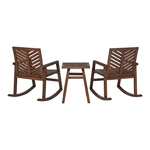 Walker Edison AZOWVINRCDB-3 Antigua Modern 3 Piece Chevron Solid Acacia Wood Outdoor Rocking Chair Set, Dark Brown