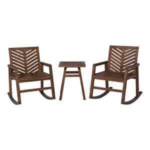 Walker Edison AZOWVINRCDB-3 Antigua Modern 3 Piece Chevron Solid Acacia Wood Outdoor Rocking Chair Set, Dark Brown