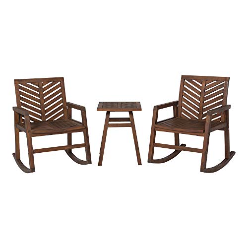 Walker Edison AZOWVINRCDB-3 Antigua Modern 3 Piece Chevron Solid Acacia Wood Outdoor Rocking Chair Set, Dark Brown