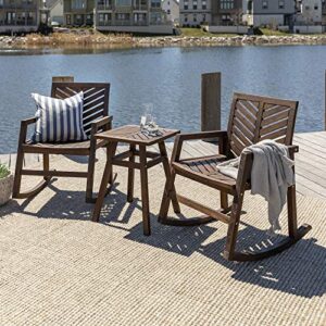 Walker Edison AZOWVINRCDB-3 Antigua Modern 3 Piece Chevron Solid Acacia Wood Outdoor Rocking Chair Set, Dark Brown