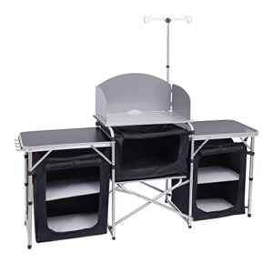 nice c camping kitchen table, folding table, upgrade light stand and windshield cooking station & 3 organizers, carry bag for outdoor, beach, bbq, picnic, cooking, indoor, office(silver)